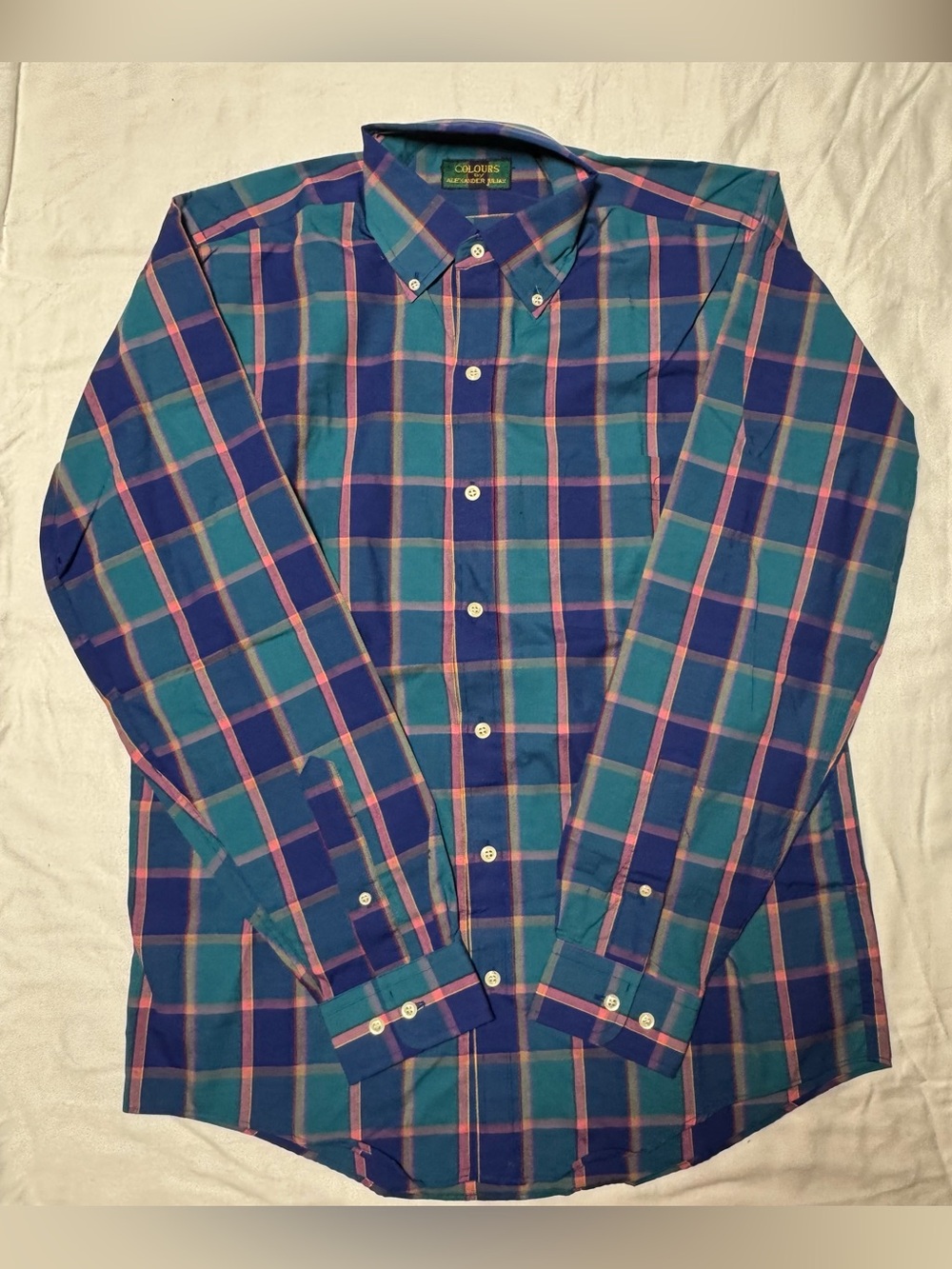 Vintage Alexander Julian Colours Teal, Navy & Pink Plaid Button-Down Shirt